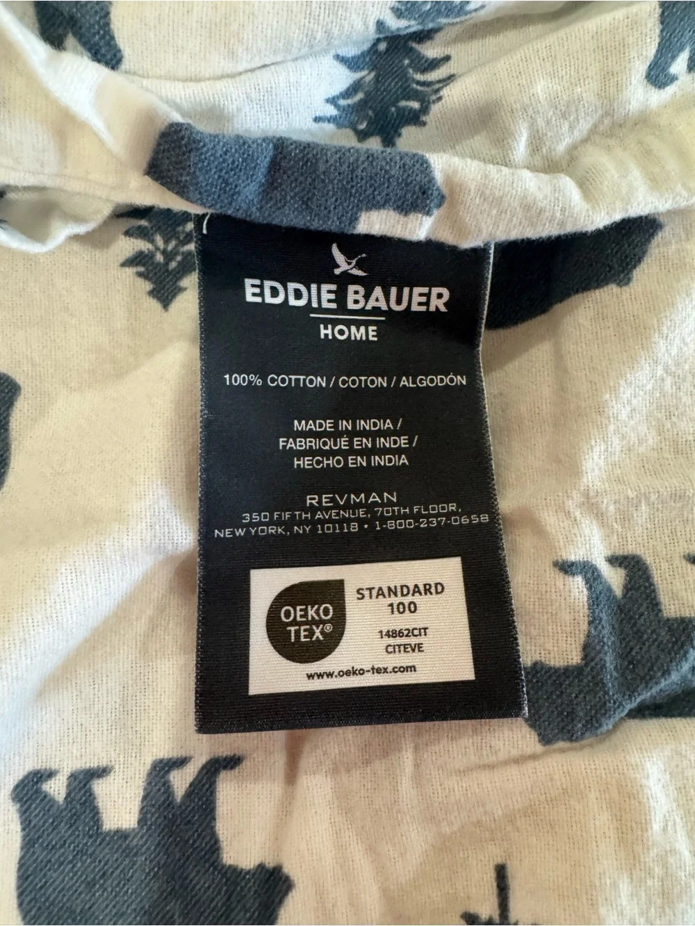 Eddie Bauer King White Flannel Cotton Sheet with Gray Bear & Tree Pattern